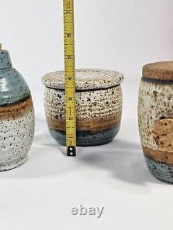 4 Piece Set Of Vintage J Jack Wells Studio Pottery 3 Color Speckled Glaze Signed
