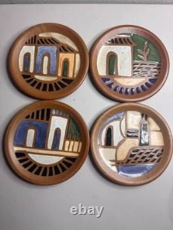 4 Vintage Terracotta Studio Pottery Plates Set Signed Mid Century Tableware Deco