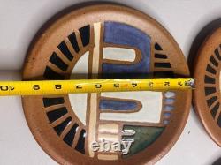 4 Vintage Terracotta Studio Pottery Plates Set Signed Mid Century Tableware Deco