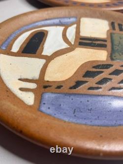 4 Vintage Terracotta Studio Pottery Plates Set Signed Mid Century Tableware Deco