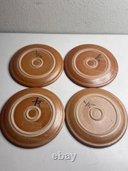 4 Vintage Terracotta Studio Pottery Plates Set Signed Mid Century Tableware Deco