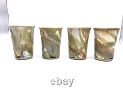 4 X Signed Studio Pottery Drip Glaze Green Cup Vintage Agano Bill Campbell Style