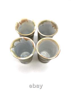 4 X Signed Studio Pottery Drip Glaze Green Cup Vintage Agano Bill Campbell Style