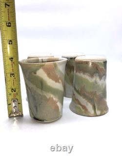 4 X Signed Studio Pottery Drip Glaze Green Cup Vintage Agano Bill Campbell Style