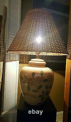 70s Boho VINTAGE LAMP FLOWER GINGER JAR + woven Basket Shade