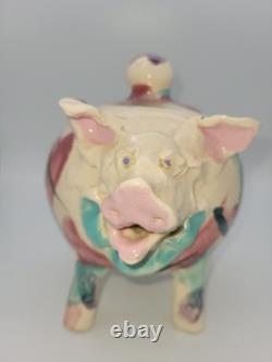 80's Vintage Pig Bowl With Lid Studio Art Pottery Glazed Abstract Pattern Signed