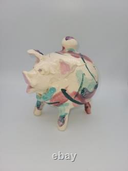80's Vintage Pig Bowl With Lid Studio Art Pottery Glazed Abstract Pattern Signed