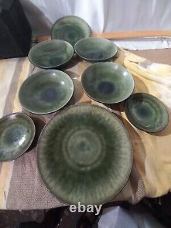 8 pieces JARS France Tourron Samoa Vert Green Plate Bowl Saucer Lot Vfine