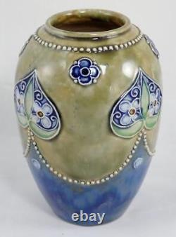 ANTIQUE Art Deco 7'' ROYAL DOULTON LAMBETH Stoneware HEARTS and FLOWERS VASE