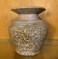 American Studio Art Flower Vase Glazed Stoneware Pottery Textured Purple 6.25