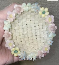 Antique IRISH BELLEEK 4 Strand Small Woven Bowl with applied Flowers and Clovers