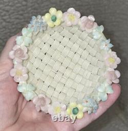 Antique IRISH BELLEEK 4 Strand Small Woven Bowl with applied Flowers and Clovers