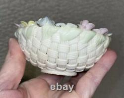 Antique IRISH BELLEEK 4 Strand Small Woven Bowl with applied Flowers and Clovers