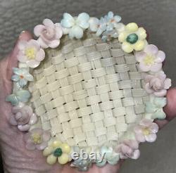 Antique IRISH BELLEEK 4 Strand Small Woven Bowl with applied Flowers and Clovers