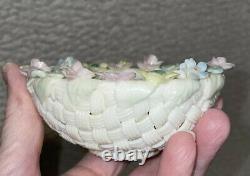 Antique IRISH BELLEEK 4 Strand Small Woven Bowl with applied Flowers and Clovers