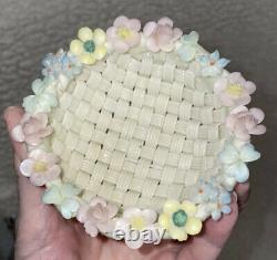 Antique IRISH BELLEEK 4 Strand Small Woven Bowl with applied Flowers and Clovers