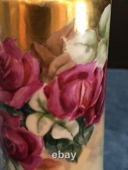 Antique Limoges Vase Circa 1908 Hand Decorated Signed Cabbage Rose Motif