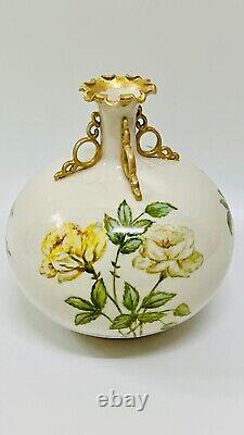 Antiques Belleek 1884-1905 Hand Painted Roses Flowers Vase, 8 High