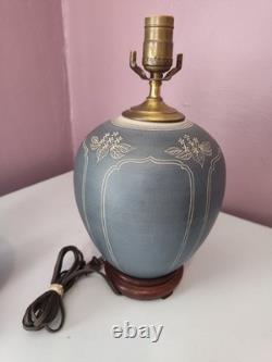 Armin E. Muller Pottery Studio Vintage Lamps Pair Blue Ceramic Stoneware