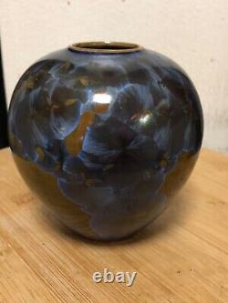 Art Studio Pottery Crystalline Glaze Round Vase Gray and Blue 4x4 Signed