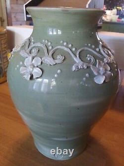 Artisan Vintage 1970's Studio Pottery Vase Glazed Intricate Floral