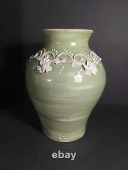 Artisan Vintage 1970's Studio Pottery Vase Glazed Intricate Floral