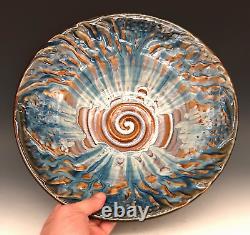 BILL CAMPBELL Signed Studio Art Pottery BIG 12+ Blue Drip Glaze Spiral Bowl