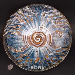 BILL CAMPBELL Signed Studio Art Pottery BIG 12+ Blue Drip Glaze Spiral Bowl