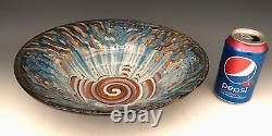 BILL CAMPBELL Signed Studio Art Pottery BIG 12+ Blue Drip Glaze Spiral Bowl