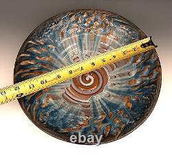 BILL CAMPBELL Signed Studio Art Pottery BIG 12+ Blue Drip Glaze Spiral Bowl