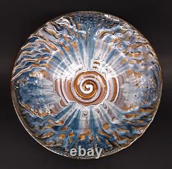 BILL CAMPBELL Signed Studio Art Pottery BIG 12+ Blue Drip Glaze Spiral Bowl