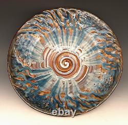 BILL CAMPBELL Signed Studio Art Pottery BIG 12+ Blue Drip Glaze Spiral Bowl