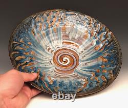 BILL CAMPBELL Signed Studio Art Pottery BIG 12+ Blue Drip Glaze Spiral Bowl