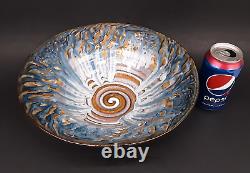 BILL CAMPBELL Signed Studio Art Pottery BIG 12+ Blue Drip Glaze Spiral Bowl