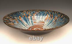 BILL CAMPBELL Signed Studio Art Pottery BIG 12+ Blue Drip Glaze Spiral Bowl