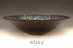 BILL CAMPBELL Signed Studio Art Pottery BIG 12+ Blue Drip Glaze Spiral Bowl