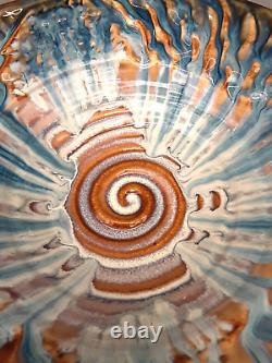 BILL CAMPBELL Signed Studio Art Pottery BIG 12+ Blue Drip Glaze Spiral Bowl