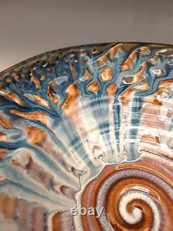 BILL CAMPBELL Signed Studio Art Pottery BIG 12+ Blue Drip Glaze Spiral Bowl