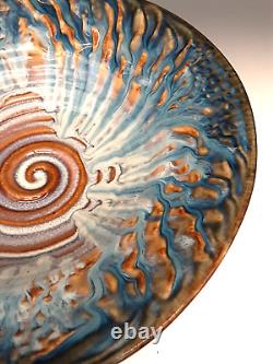 BILL CAMPBELL Signed Studio Art Pottery BIG 12+ Blue Drip Glaze Spiral Bowl