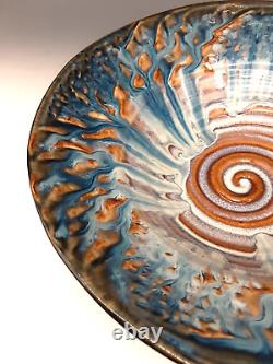 BILL CAMPBELL Signed Studio Art Pottery BIG 12+ Blue Drip Glaze Spiral Bowl