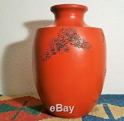BONSAI Tokoname japanese red studio pottery poem vase vtg ikebana pine tree art