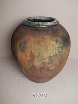 Beautiful Vintage Leslie Mitchell Studio Pottery Raku 13.5 Vase Texas Artist