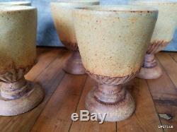 Bernard Rooke vintage Mid Century Modern Brutalist studio pottery set 8 goblets