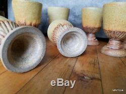 Bernard Rooke vintage Mid Century Modern Brutalist studio pottery set 8 goblets