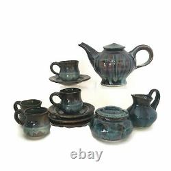 Bill Campbell Studio Art Pottery Tea Pot Creamer Sugar Cups Saucers Signed Vtg