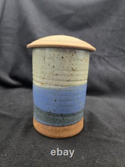 Byron Temple Vtg Studio Art Pottery Blues & Gray, Lidded Jar, 7, Signed