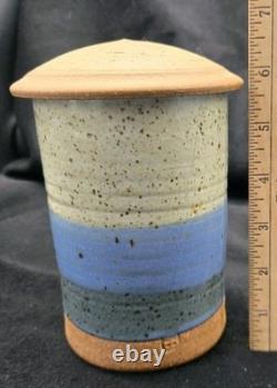 Byron Temple Vtg Studio Art Pottery Blues & Gray, Lidded Jar, 7, Signed