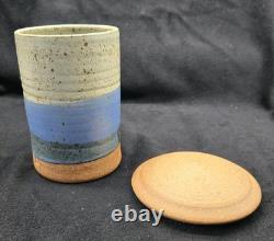 Byron Temple Vtg Studio Art Pottery Blues & Gray, Lidded Jar, 7, Signed