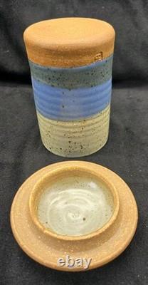 Byron Temple Vtg Studio Art Pottery Blues & Gray, Lidded Jar, 7, Signed