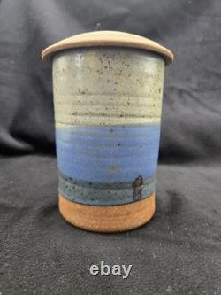 Byron Temple Vtg Studio Art Pottery Blues & Gray, Lidded Jar, 7, Signed